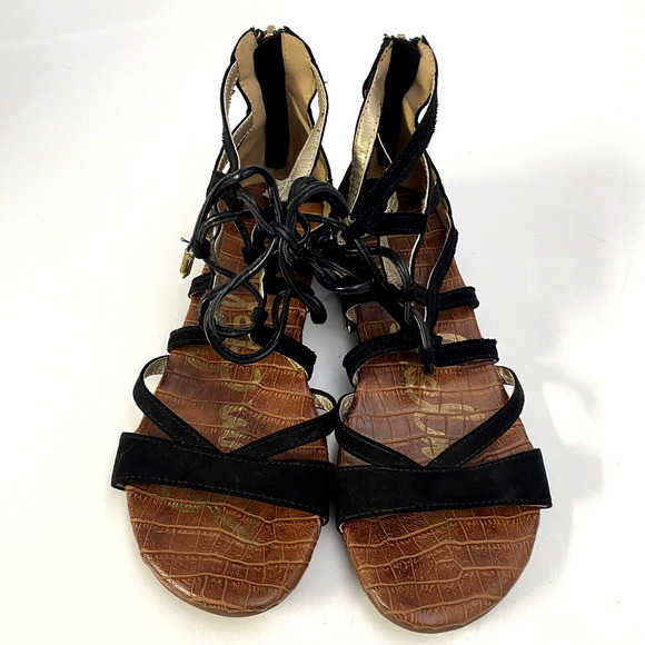 Sam Edelman Danica Sandal Flat Black Faux Suede Strappy Open Toe Lace Up… - Picture 3 of 6